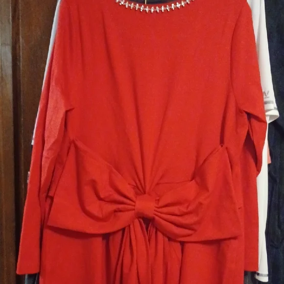 Eloquii Red Long Sleeve Dress with Embellished Neckline - Picture 4 of 10